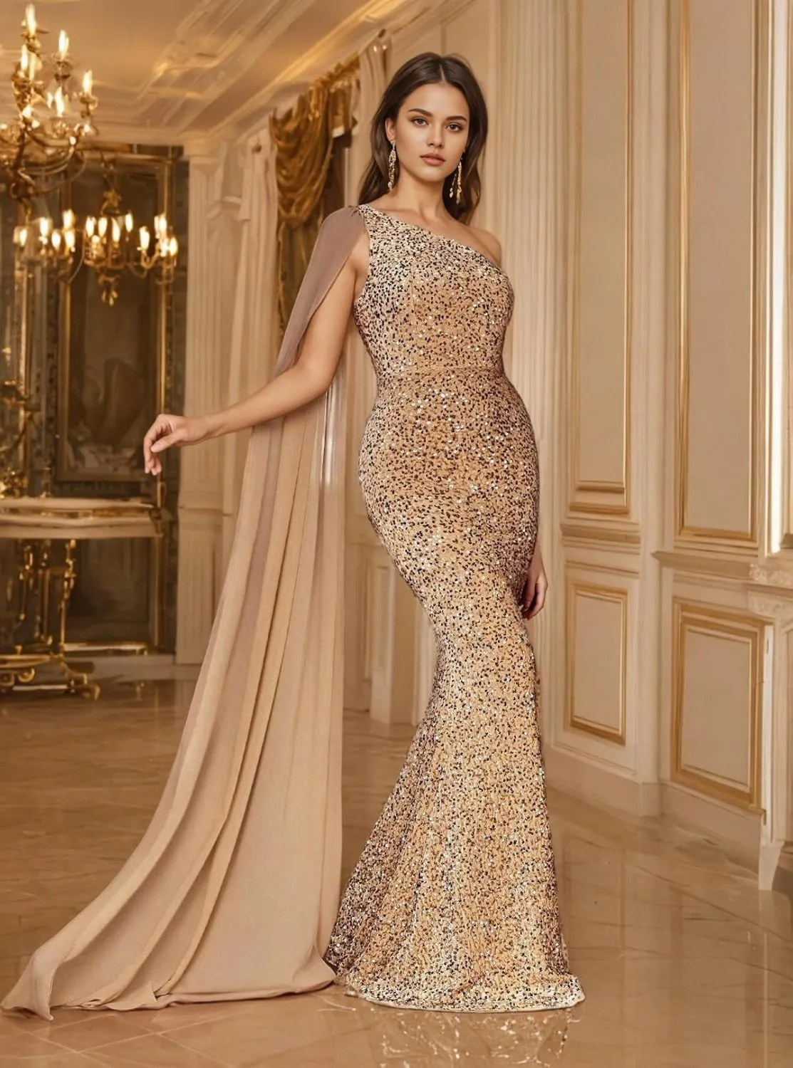 One Shoulder Sequin Prom Dresses for Women 2025 Sparkly Mermaid Formal Evening Party Gowns with Cape