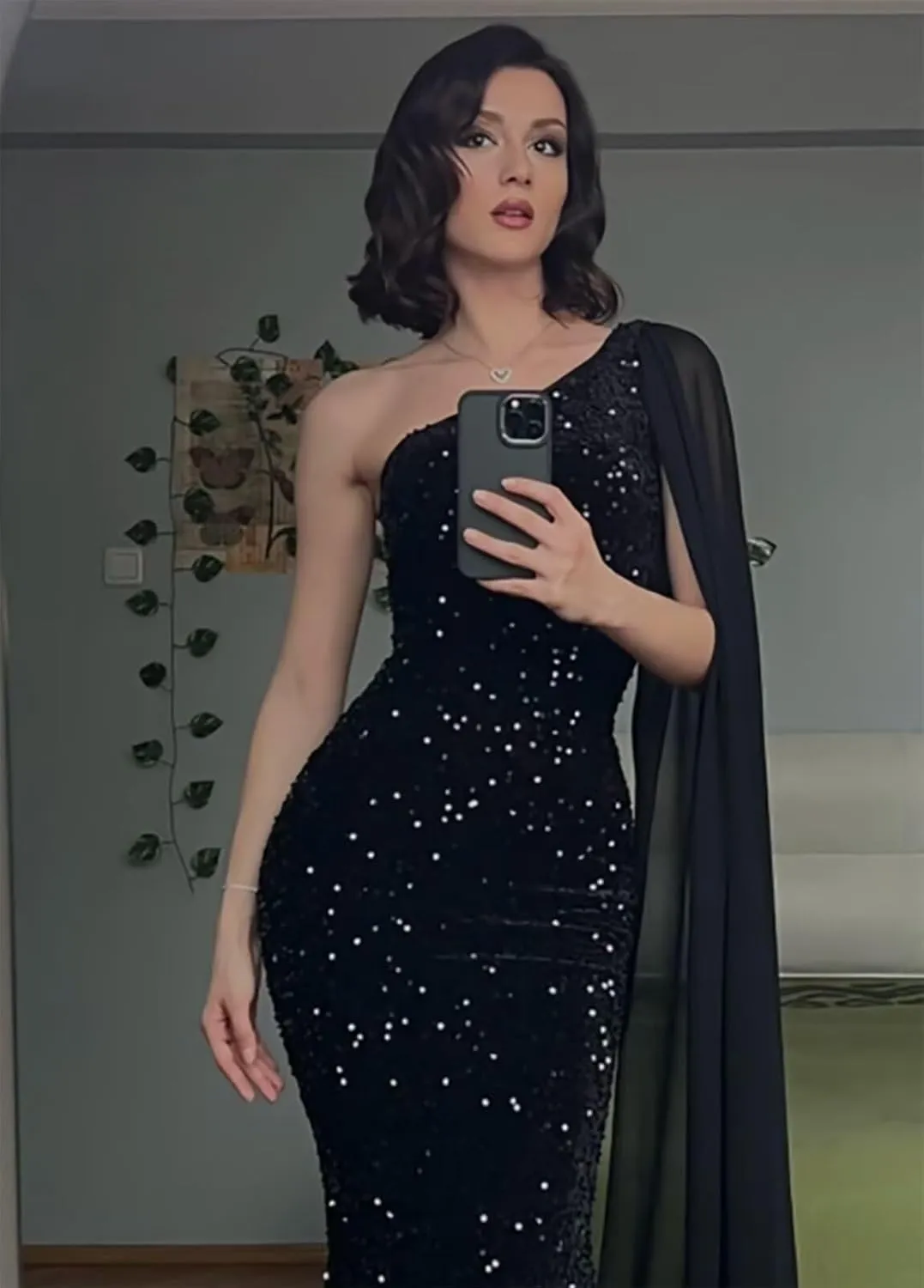 One Shoulder Sequin Prom Dresses for Women 2025 Sparkly Mermaid Formal Evening Party Gowns with Cape