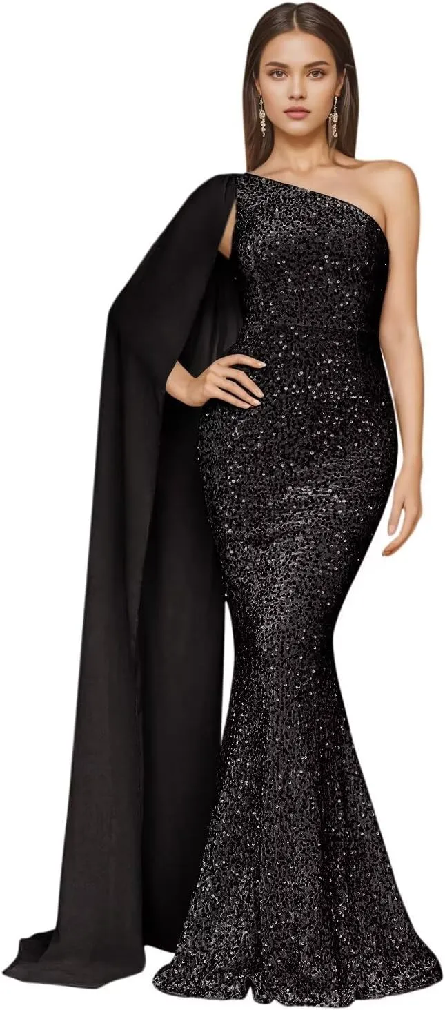 One Shoulder Sequin Prom Dresses for Women 2025 Sparkly Mermaid Formal Evening Party Gowns with Cape