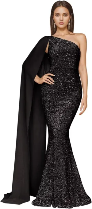 One Shoulder Sequin Prom Dresses for Women 2025 Sparkly Mermaid Formal Evening Party Gowns with Cape