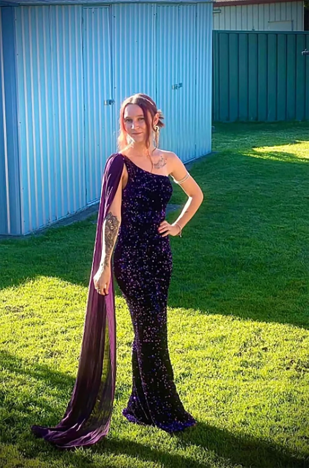 One Shoulder Sequin Prom Dresses for Women 2025 Sparkly Mermaid Formal Evening Party Gowns with Cape