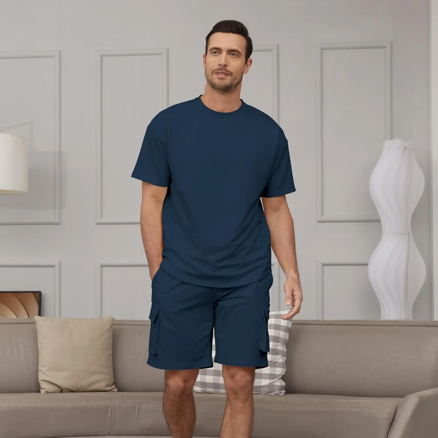 Opomelo Mens Short Sets 2 Piece Outfits - Casual Summer Short Sleeve Sweatsuits Sets for Men with Cargo Pocket