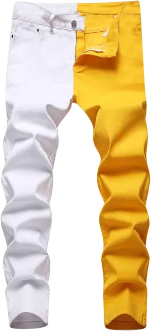 Patchwork Jeans for Mens Fashion Slim Fit Street Hip Hop Denim Pencil Pants Casual Button Middle Waist Trousers
