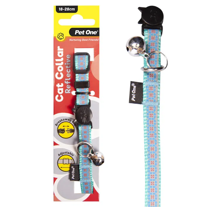 PET ONE CAT COLLAR NYLON 18-28CM 10MM REFLECTIVE AQUA