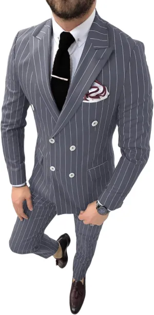 Pinstripe Double Breasted Suit for Men 2 Piece Prom Tuxedo Formal Dinner Jackets for Wedding JXZ013