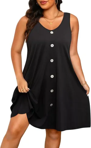 Pinup Fashion Plus Size Women Tank Dresses Sleeveless Criss Cross Back Cover Up T-Shirt Sun Dress with Pockets