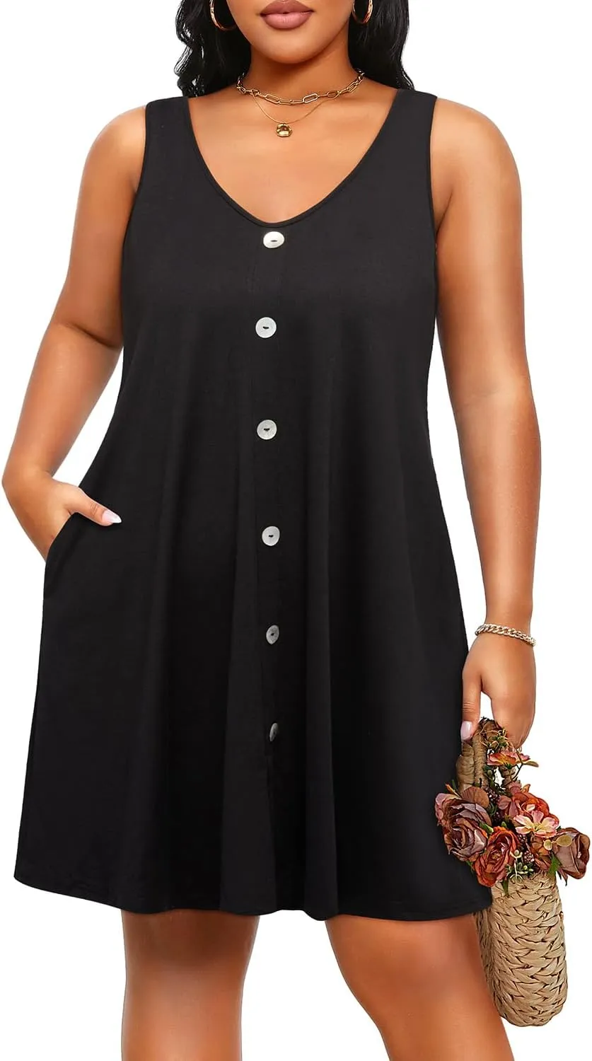 Pinup Fashion Plus Size Women Tank Dresses Sleeveless Criss Cross Back Cover Up T-Shirt Sun Dress with Pockets