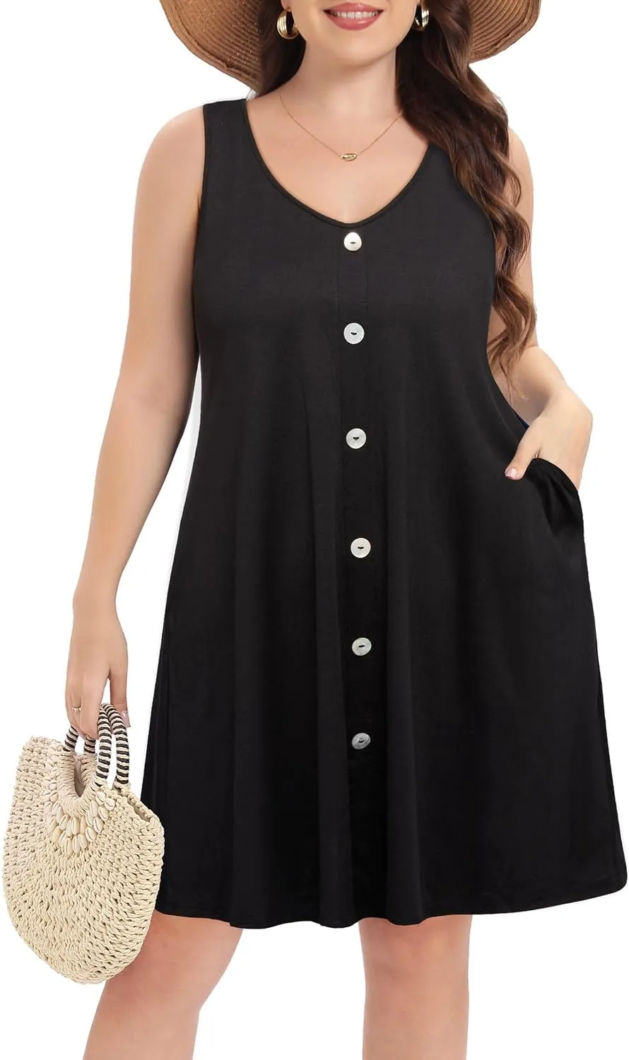 Pinup Fashion Plus Size Women Tank Dresses Sleeveless Criss Cross Back Cover Up T-Shirt Sun Dress with Pockets