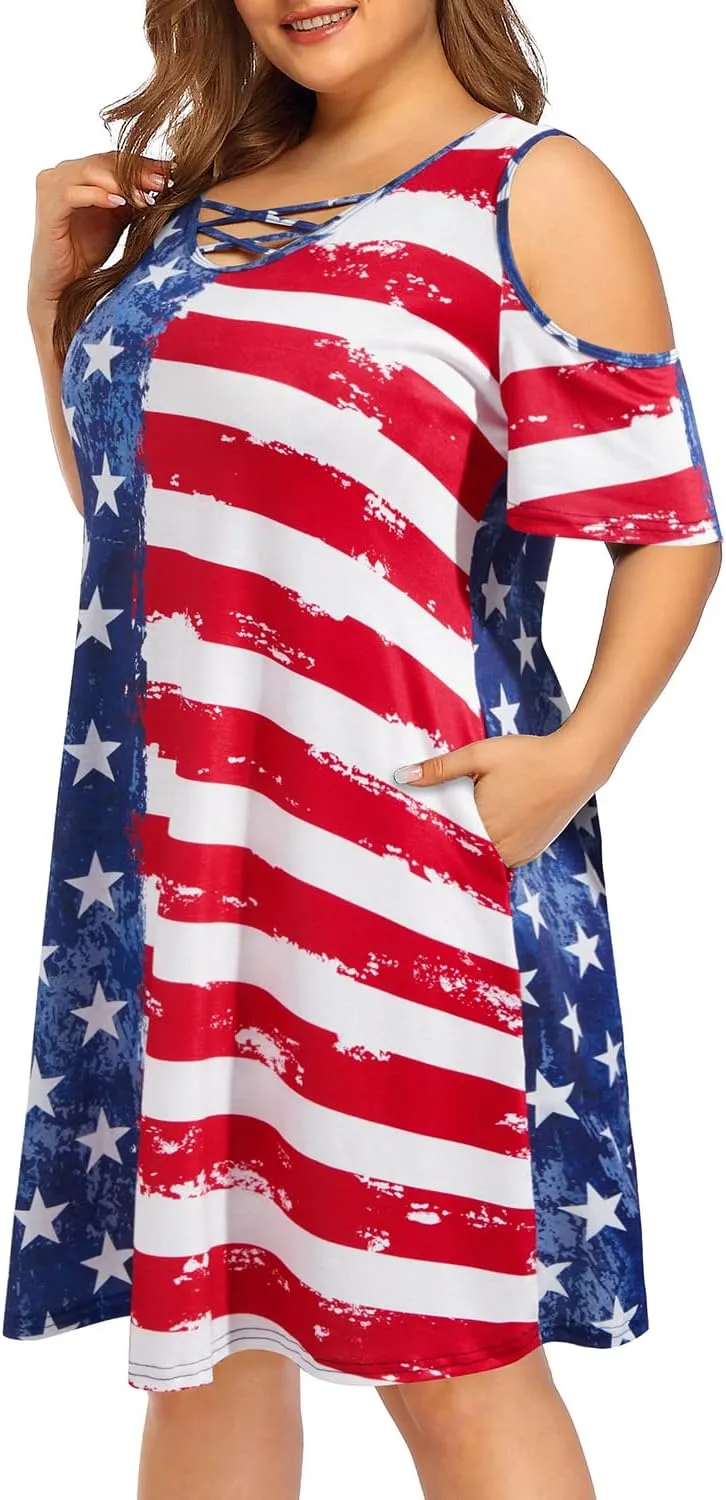 Pinup Fashion Women's Plus Size Sun Dress Cold Shoulder Casual T-Shirt Knee Length Sundresses with Pockets