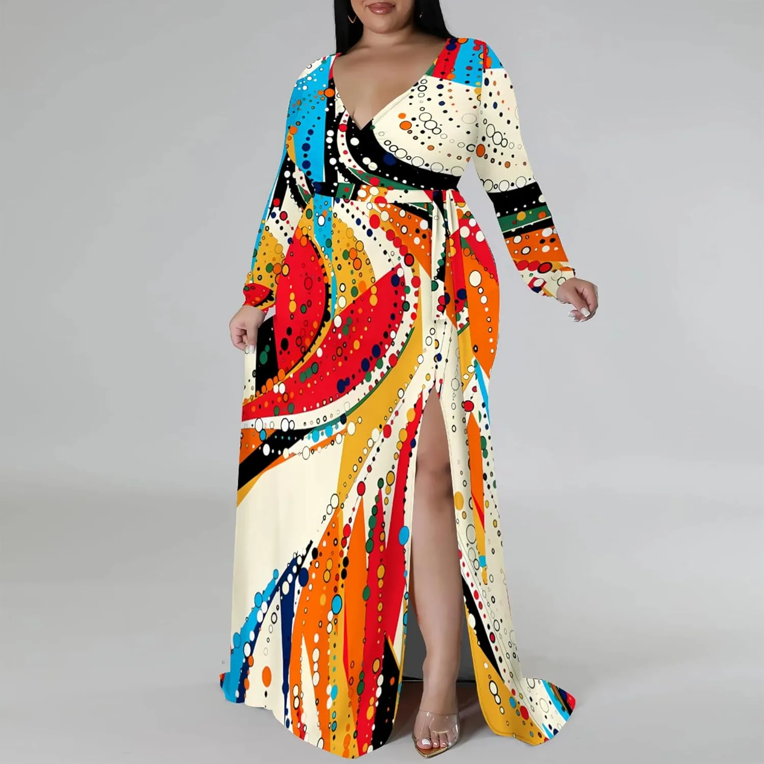 Plus Size Dresses for Women Floral Print Maxi Dress Slit Flowy 3/4 Sleeve with Belt