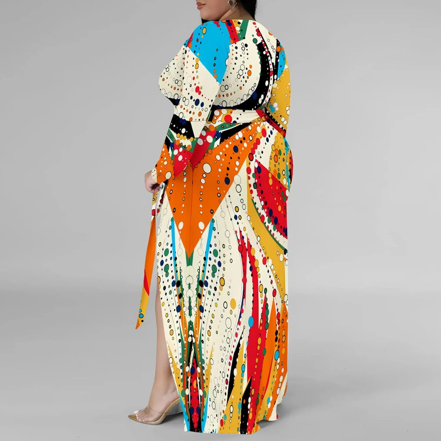 Plus Size Dresses for Women Floral Print Maxi Dress Slit Flowy 3/4 Sleeve with Belt