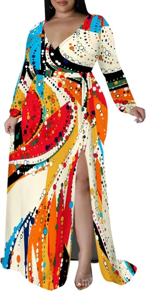 Plus Size Dresses for Women Floral Print Maxi Dress Slit Flowy 3/4 Sleeve with Belt