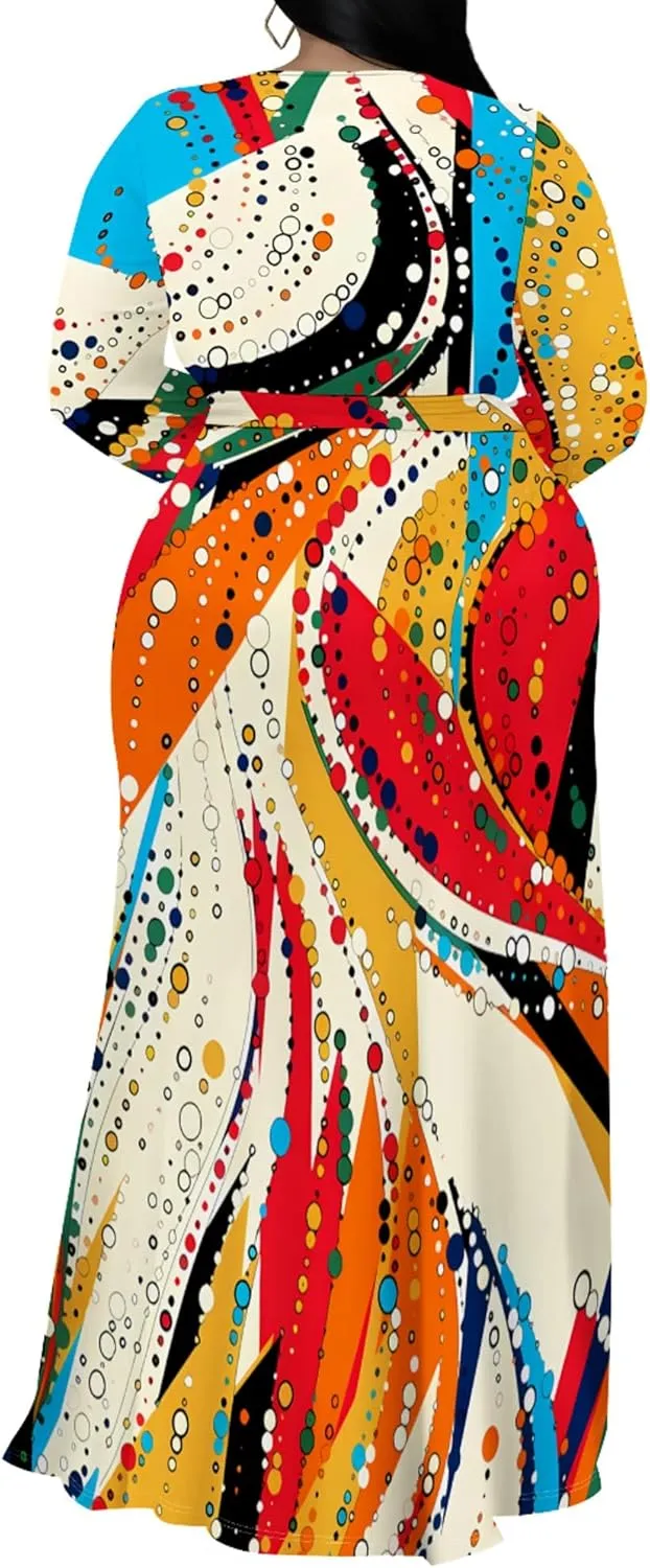Plus Size Dresses for Women Floral Print Maxi Dress Slit Flowy 3/4 Sleeve with Belt
