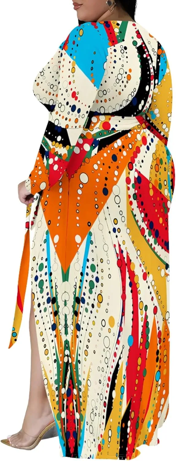 Plus Size Dresses for Women Floral Print Maxi Dress Slit Flowy 3/4 Sleeve with Belt