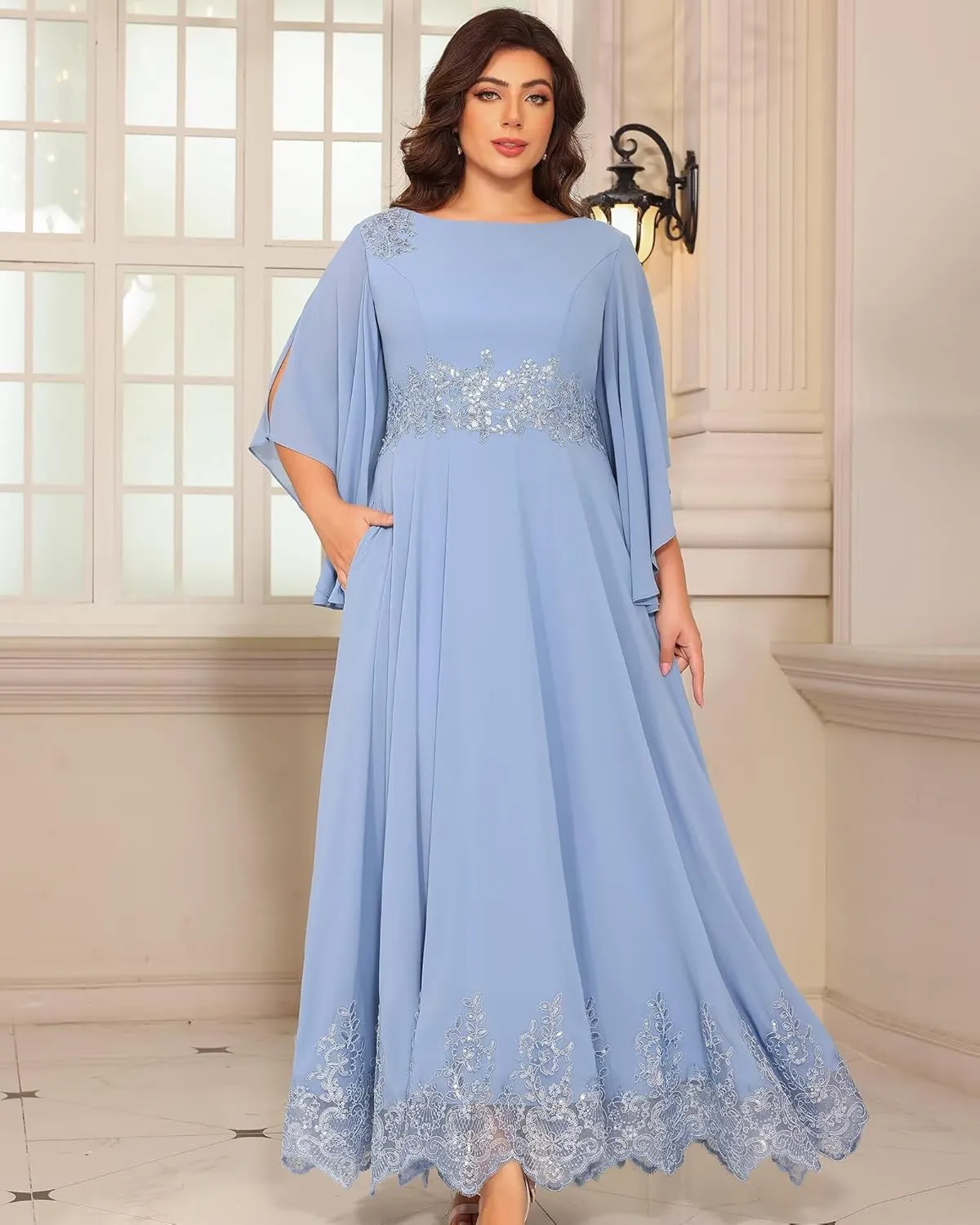 Plus Size Mother of The Bride Dresses Long Chiffon Lace Appliques Hem Round Neck Sequin Evening Formal Dress PU253