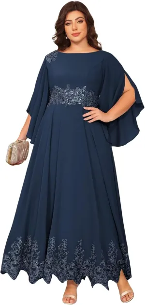 Plus Size Mother of The Bride Dresses Long Chiffon Lace Appliques Hem Round Neck Sequin Evening Formal Dress PU253