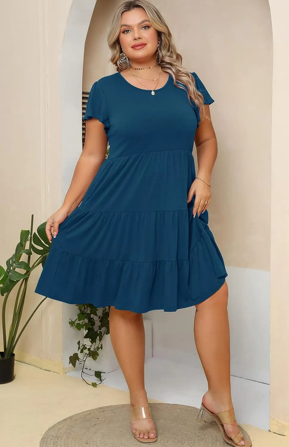Plus Size Summer Dress for Women Ruffle Sleeve Tiered Flowy Casual Aline Babydoll Sundresses with Pockets