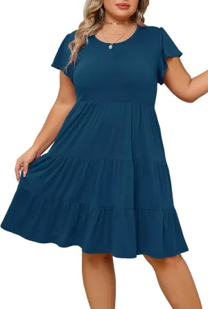 Plus Size Summer Dress for Women Ruffle Sleeve Tiered Flowy Casual Aline Babydoll Sundresses with Pockets