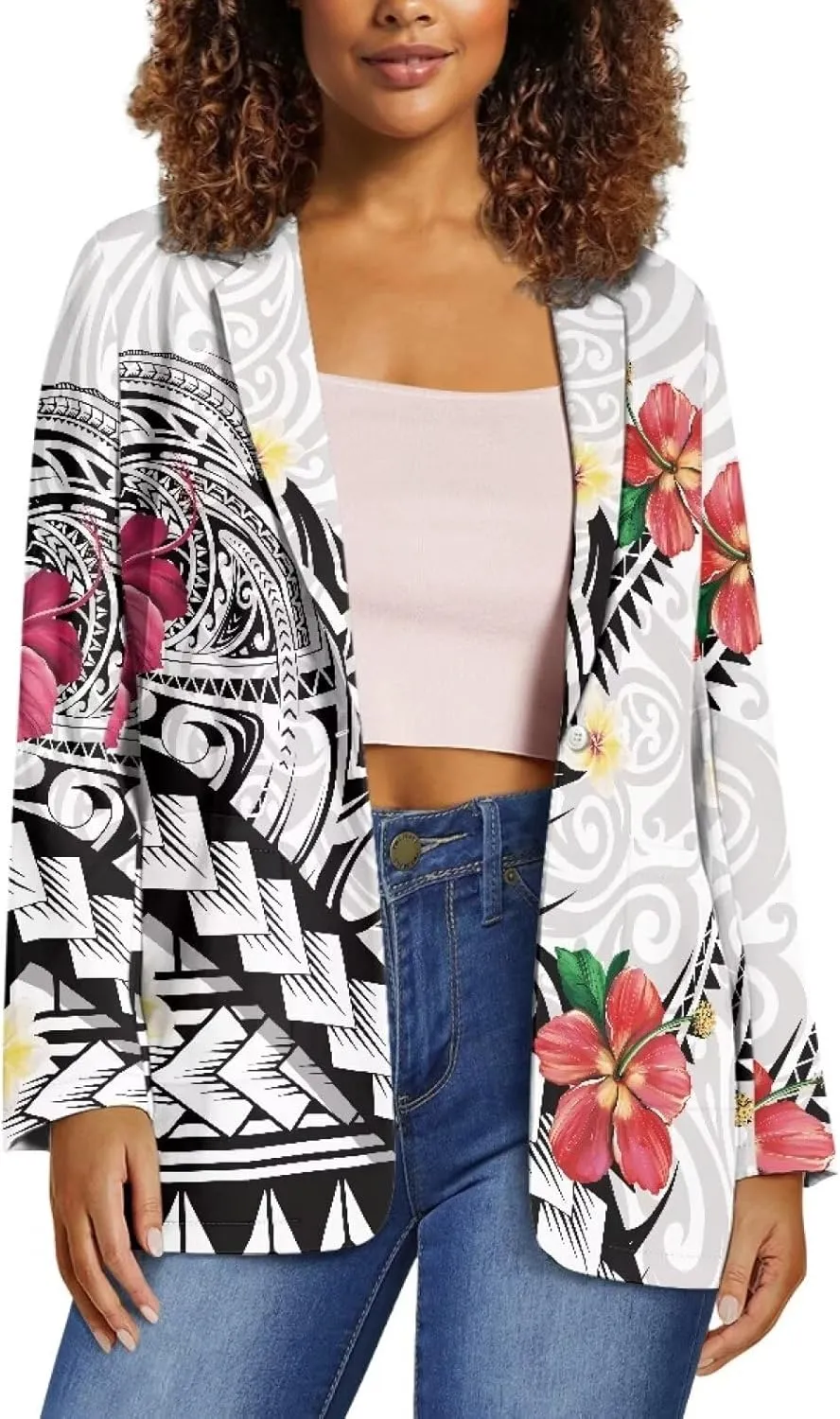 Polynesian Tapa Puletasi Samoan Puletasi Blazer for Woman Plus Size Long Sleeve Blazer Jackets with Pockets