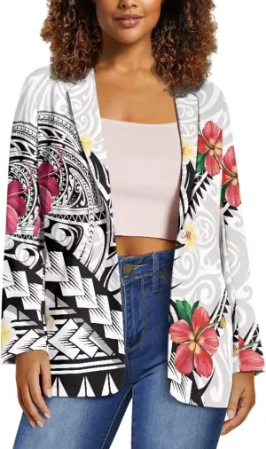Polynesian Tapa Puletasi Samoan Puletasi Blazer for Woman Plus Size Long Sleeve Blazer Jackets with Pockets