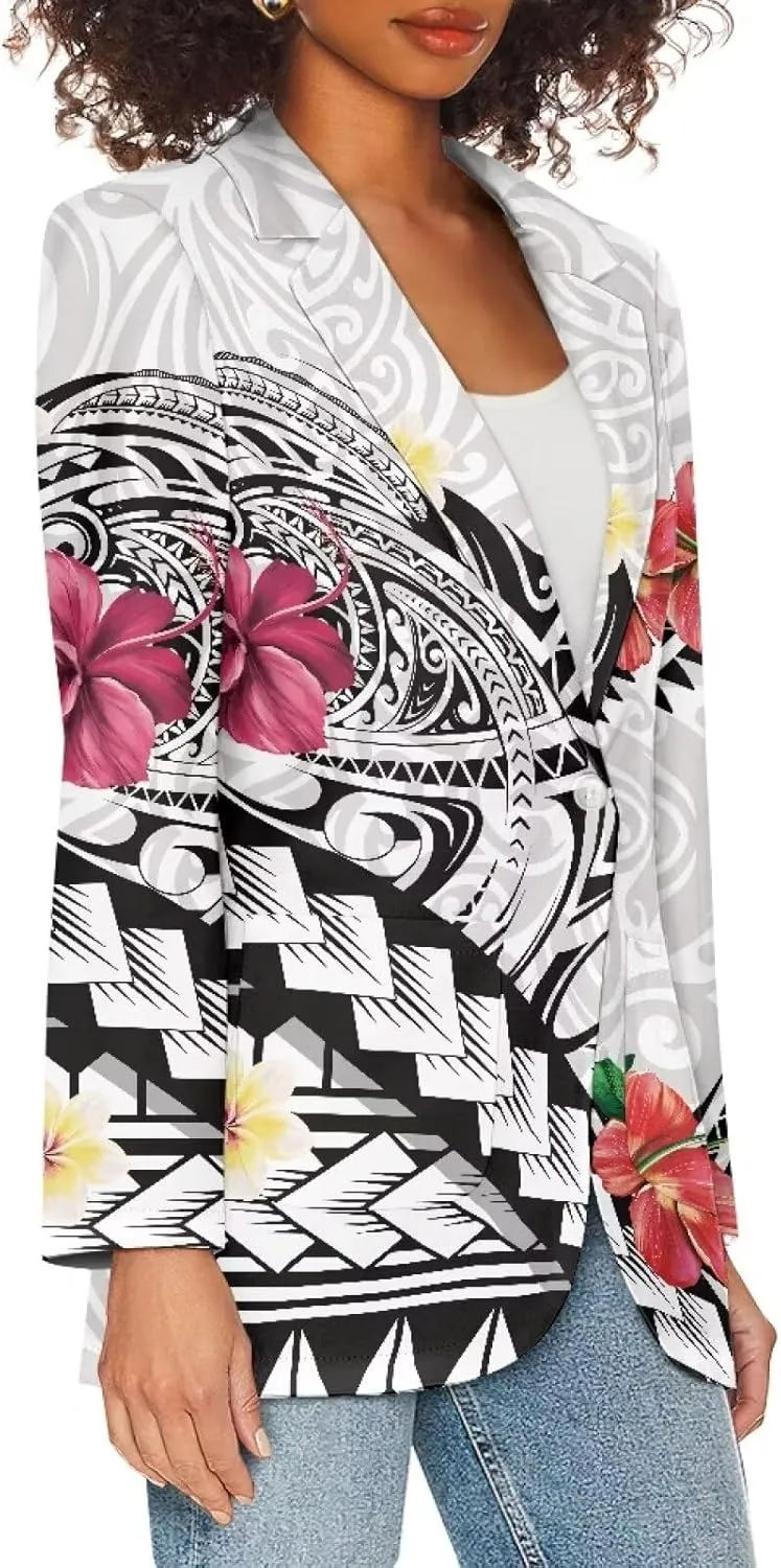 Polynesian Tapa Puletasi Samoan Puletasi Blazer for Woman Plus Size Long Sleeve Blazer Jackets with Pockets