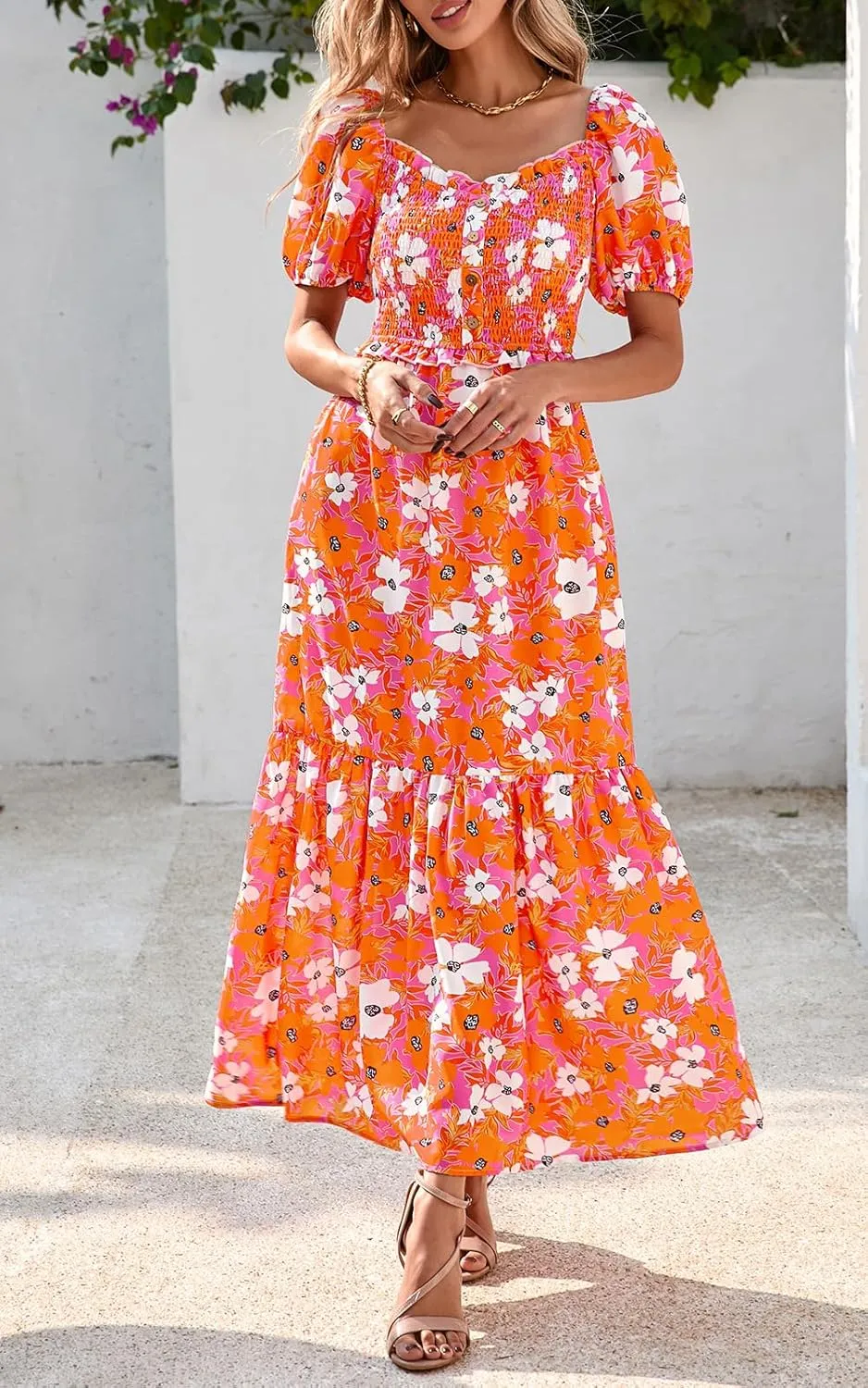 PRETTYGARDEN Womens Summer Dresses 2025 Casual Boho Floral Puff Short Sleeve Flowy Maxi Dress Smocked V Neck Sun Dresses