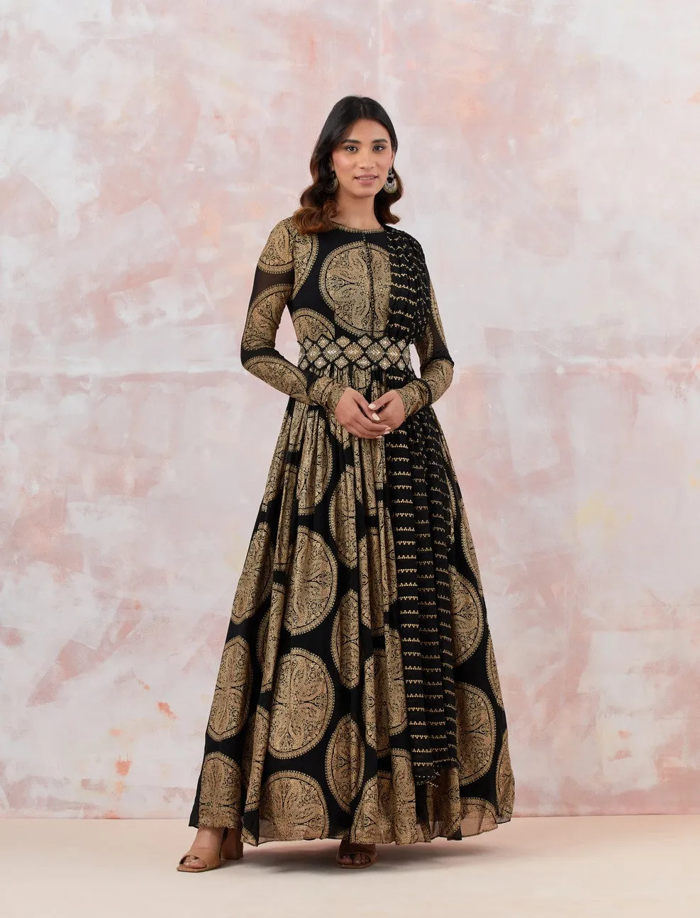 Printed Black Anarkali Set With Embroidered Belt