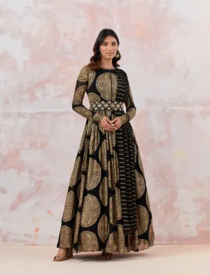Printed Black Anarkali Set With Embroidered Belt