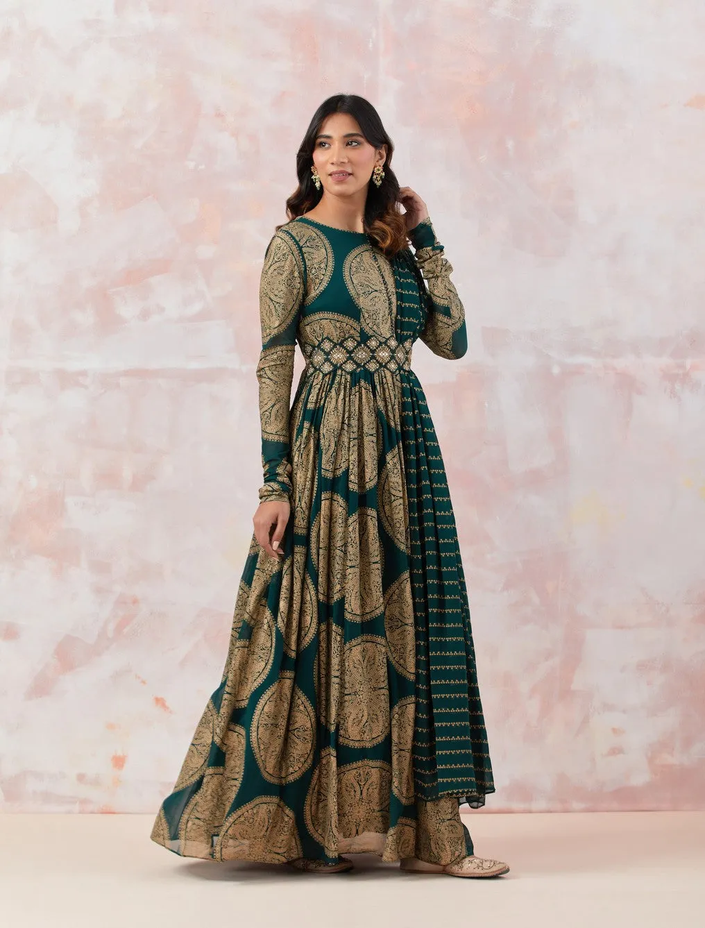 Printed Green Anarkali Set With Embroidered Belt