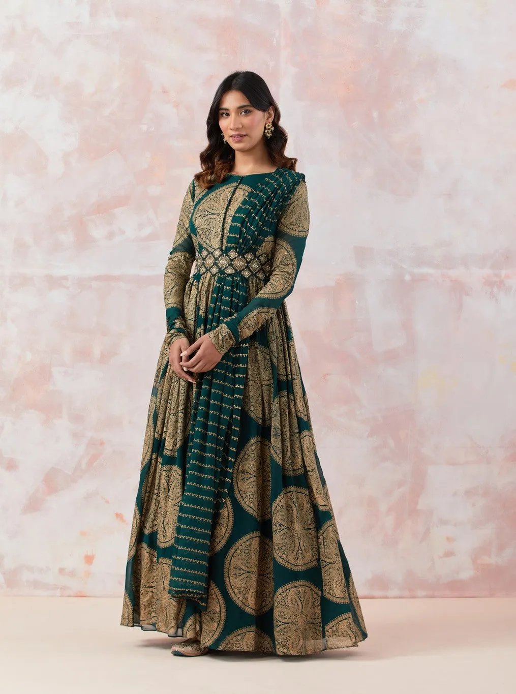 Printed Green Anarkali Set With Embroidered Belt