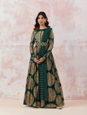 Printed Green Anarkali Set With Embroidered Belt