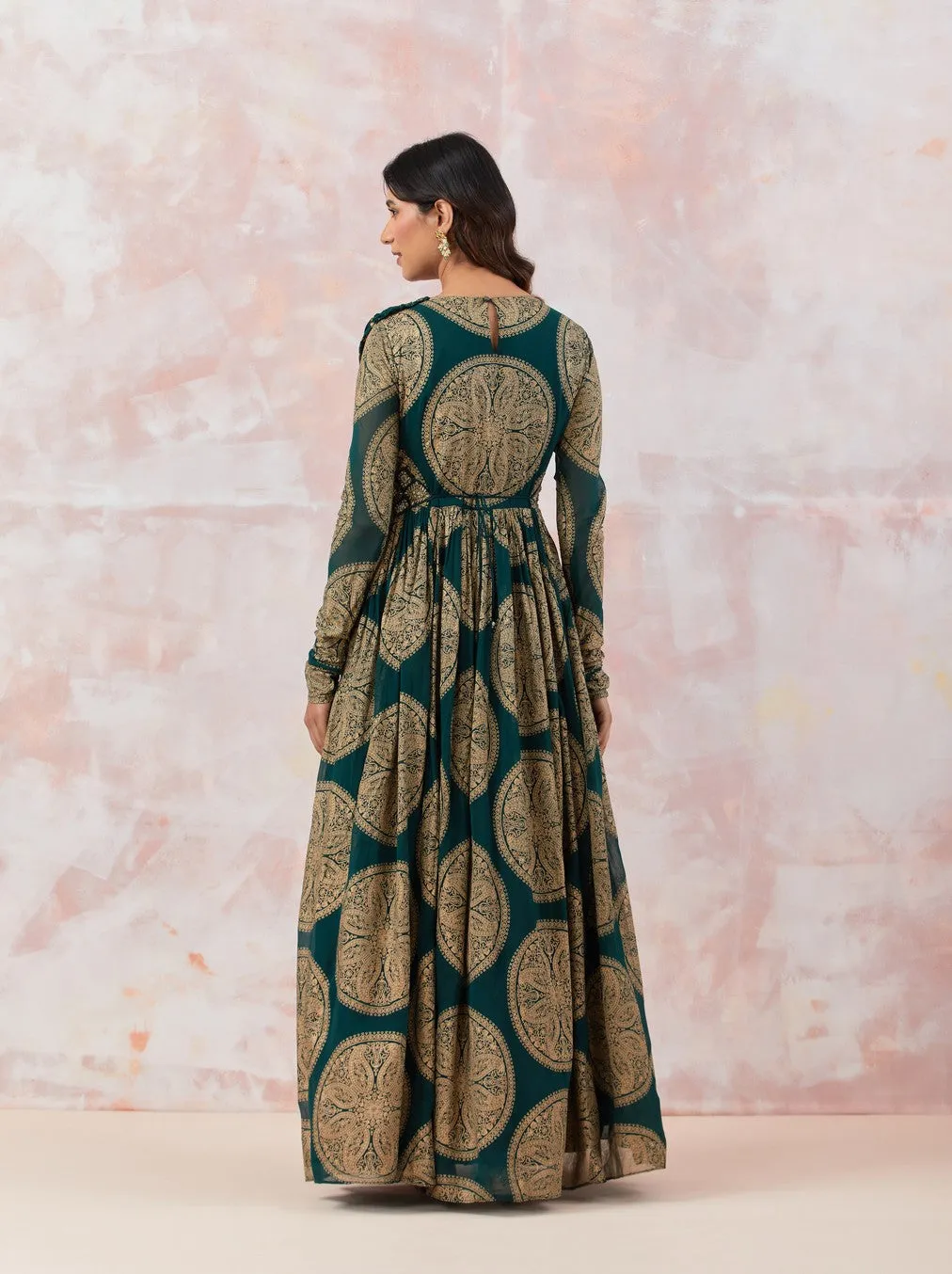 Printed Green Anarkali Set With Embroidered Belt