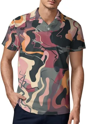 Printed Pink Purple Camouflage Classic Polo Shirts for Men Quick Dry Short Sleeve Fit Golf Tees Casual Tops