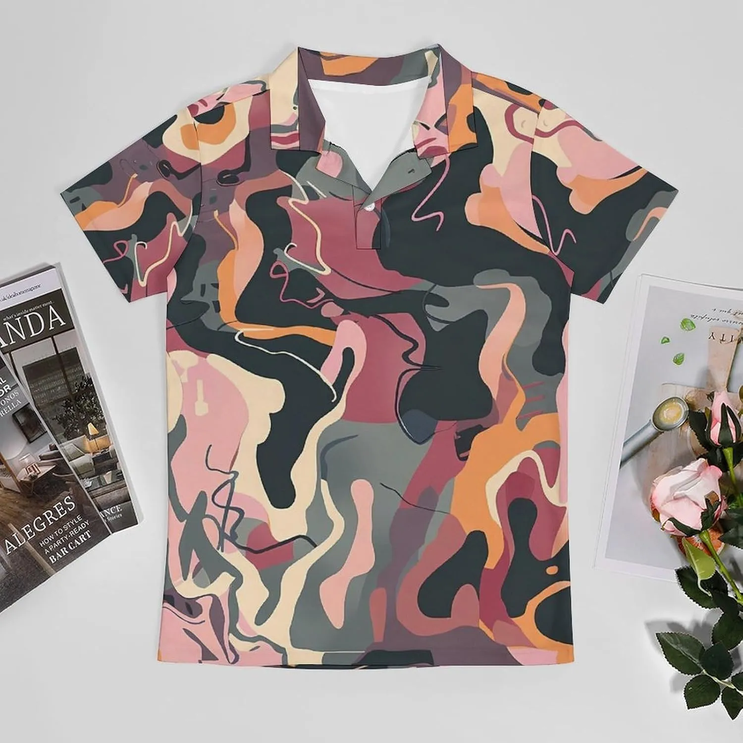 Printed Pink Purple Camouflage Classic Polo Shirts for Men Quick Dry Short Sleeve Fit Golf Tees Casual Tops