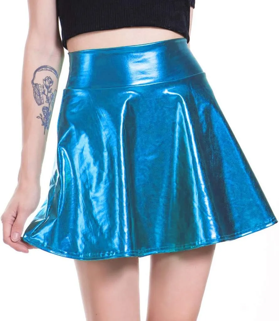 PU Leather Skirt for Women Metallic Skirt High Waisted Skirt Shiny Stretchy Mini A-Line Flared Skater Skirt (Blue, S)