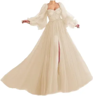 Puffy Sleeve Prom Dress Sweetheart Tulle Ball Gown Slit Formal Evening Gowns Princess Wedding Dresses