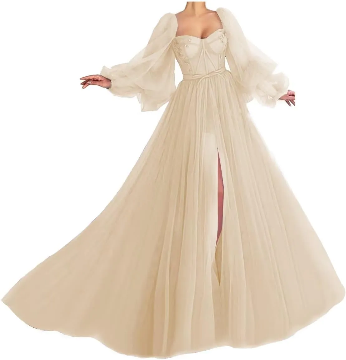 Puffy Sleeve Prom Dress Sweetheart Tulle Ball Gown Slit Formal Evening Gowns Princess Wedding Dresses