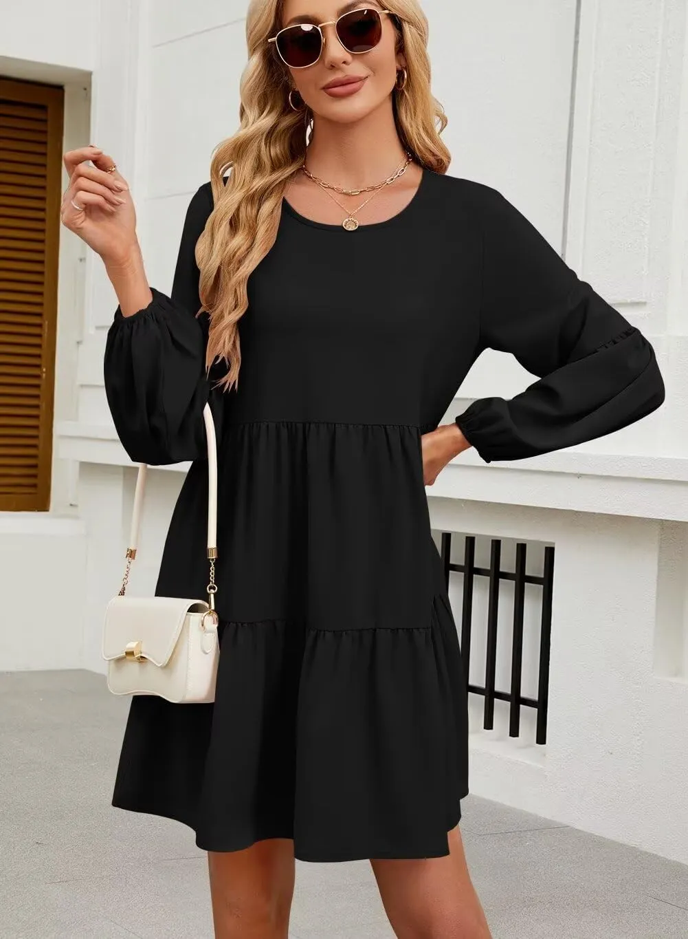 QACOHU Summer Babydoll Dresses for Women 2025 Spring Crew Neck Long Sleeve Loose Flowy Swing Tunic Mini Dress