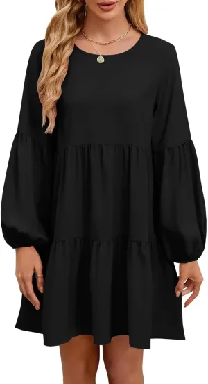 QACOHU Summer Babydoll Dresses for Women 2025 Spring Crew Neck Long Sleeve Loose Flowy Swing Tunic Mini Dress