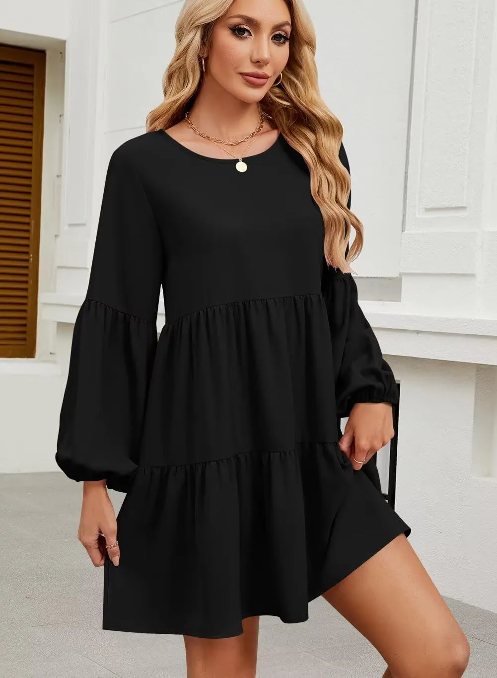 QACOHU Summer Babydoll Dresses for Women 2025 Spring Crew Neck Long Sleeve Loose Flowy Swing Tunic Mini Dress