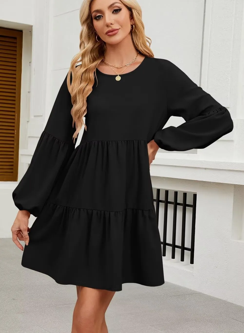 QACOHU Summer Babydoll Dresses for Women 2025 Spring Crew Neck Long Sleeve Loose Flowy Swing Tunic Mini Dress