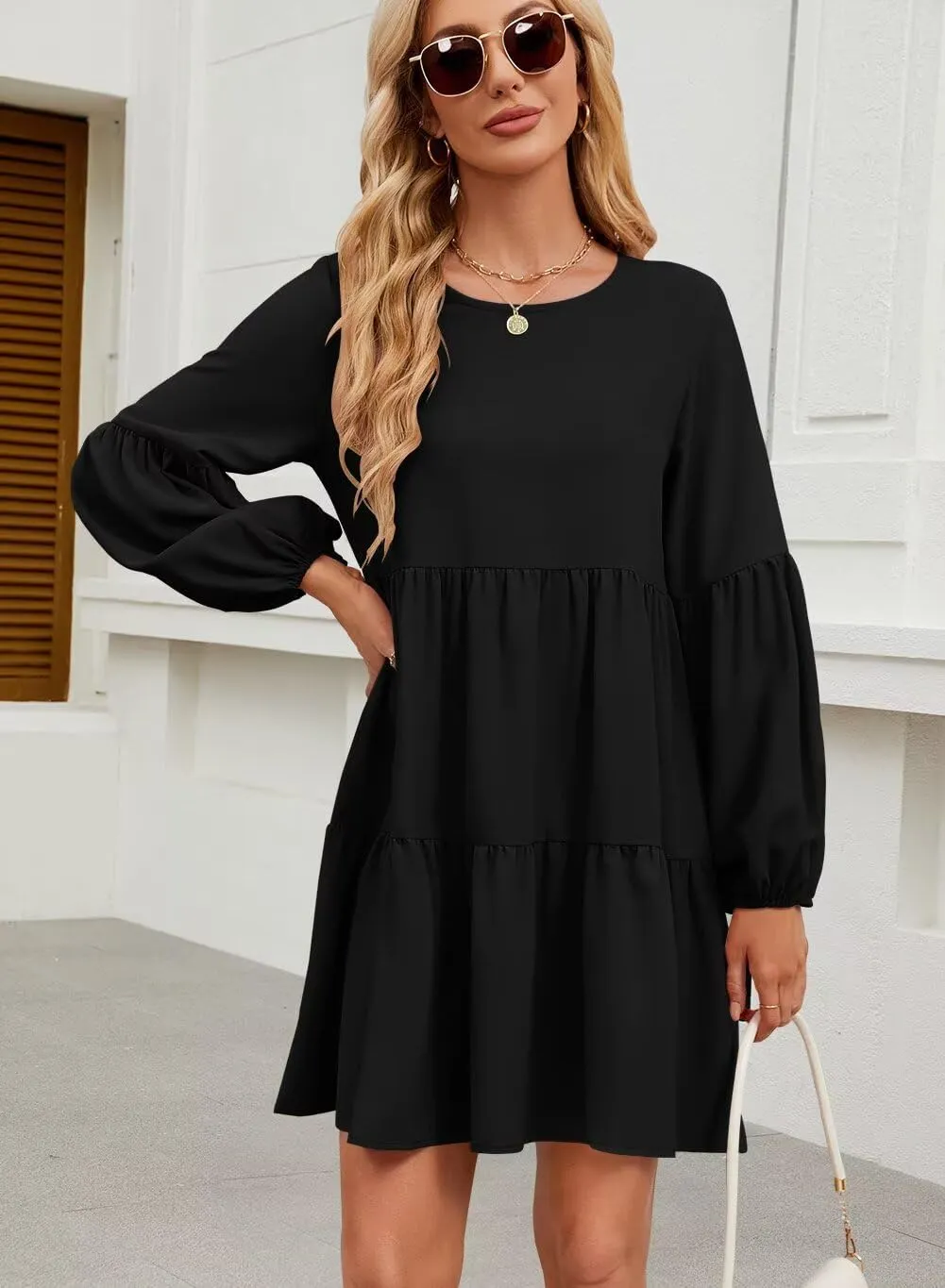 QACOHU Summer Babydoll Dresses for Women 2025 Spring Crew Neck Long Sleeve Loose Flowy Swing Tunic Mini Dress