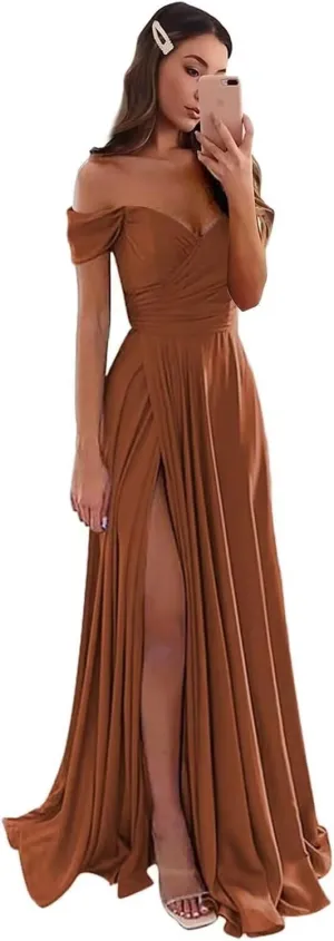 Raseal Off The Shoulder Bridesmaid Dresses A Line Split Satin Party Dress for Women RS018