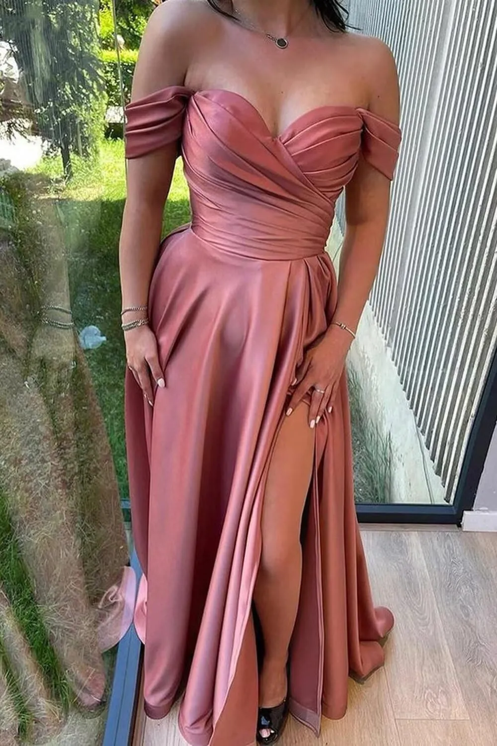 Raseal Off The Shoulder Bridesmaid Dresses A Line Split Satin Party Dress for Women RS018