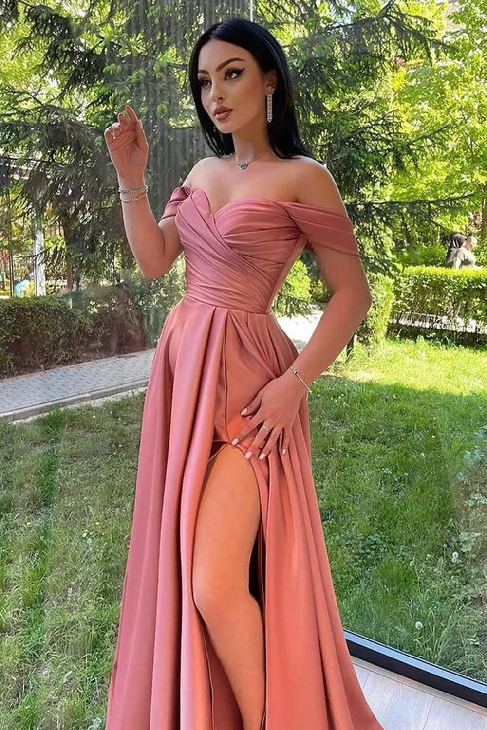 Raseal Off The Shoulder Bridesmaid Dresses A Line Split Satin Party Dress for Women RS018