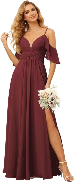 Raseal Off The Shoulder Chiffon Bridesmaid Dress with Slit A Line Empire Waist Pleats Bridesmaid Dress Long for Women RS036