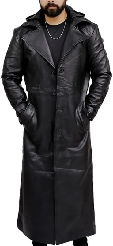 Real Leather Trench Coat Black Long Coat Duster Overcoat Sheepskin Men