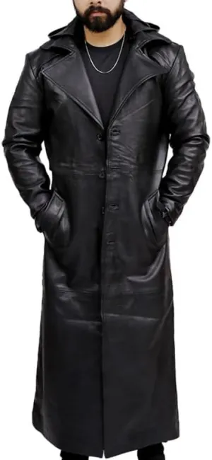 Real Leather Trench Coat Black Long Coat Duster Overcoat Sheepskin Men