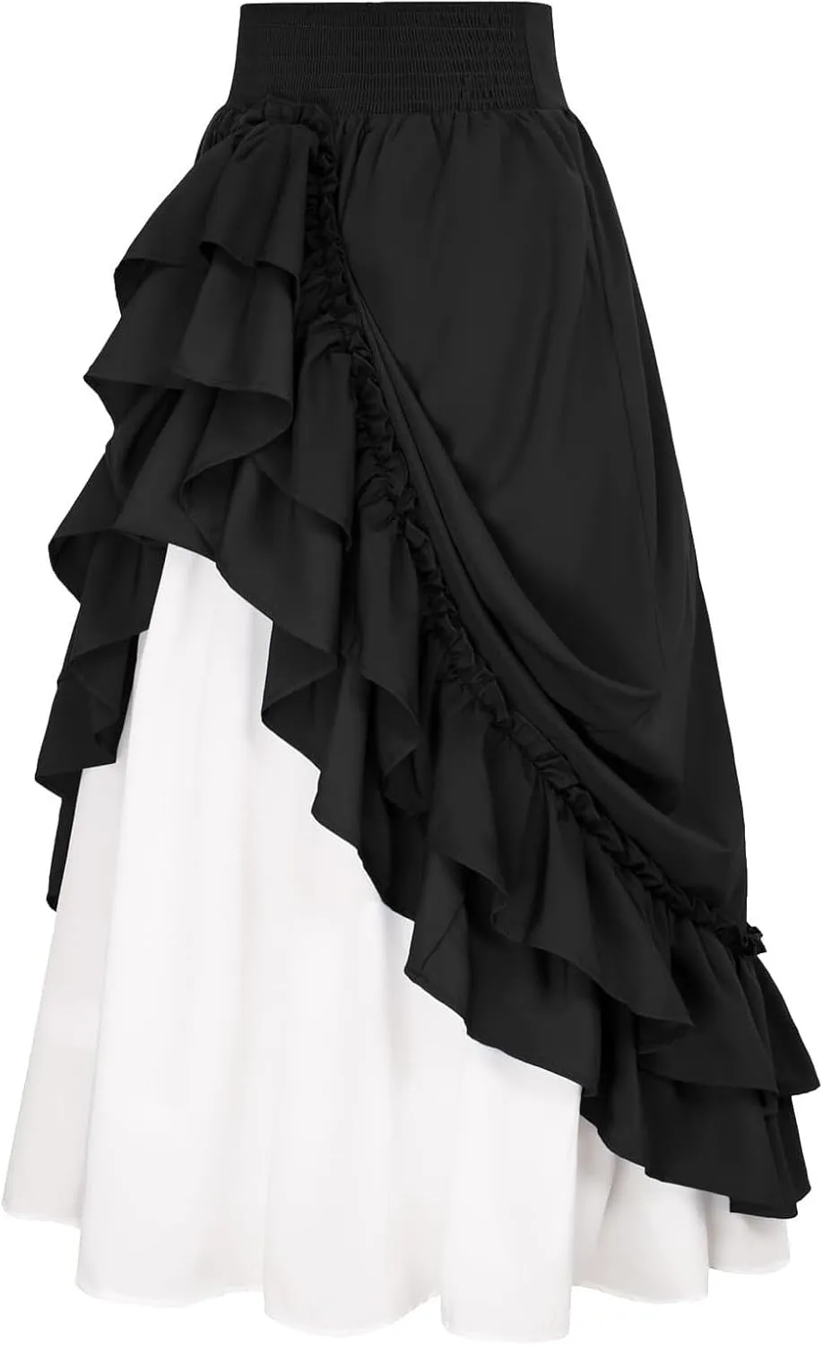 Renaissance Ruffle Skirts for Women Double Layered High Waisted Midi Skirts Elastic Tiered Goth Maxi Skirt