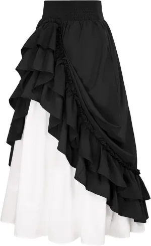 Renaissance Ruffle Skirts for Women Double Layered High Waisted Midi Skirts Elastic Tiered Goth Maxi Skirt